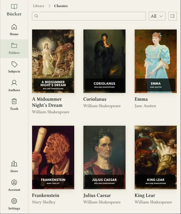 The Bokheim library on an e-reader, showing a folder of classics as a grid of book covers.