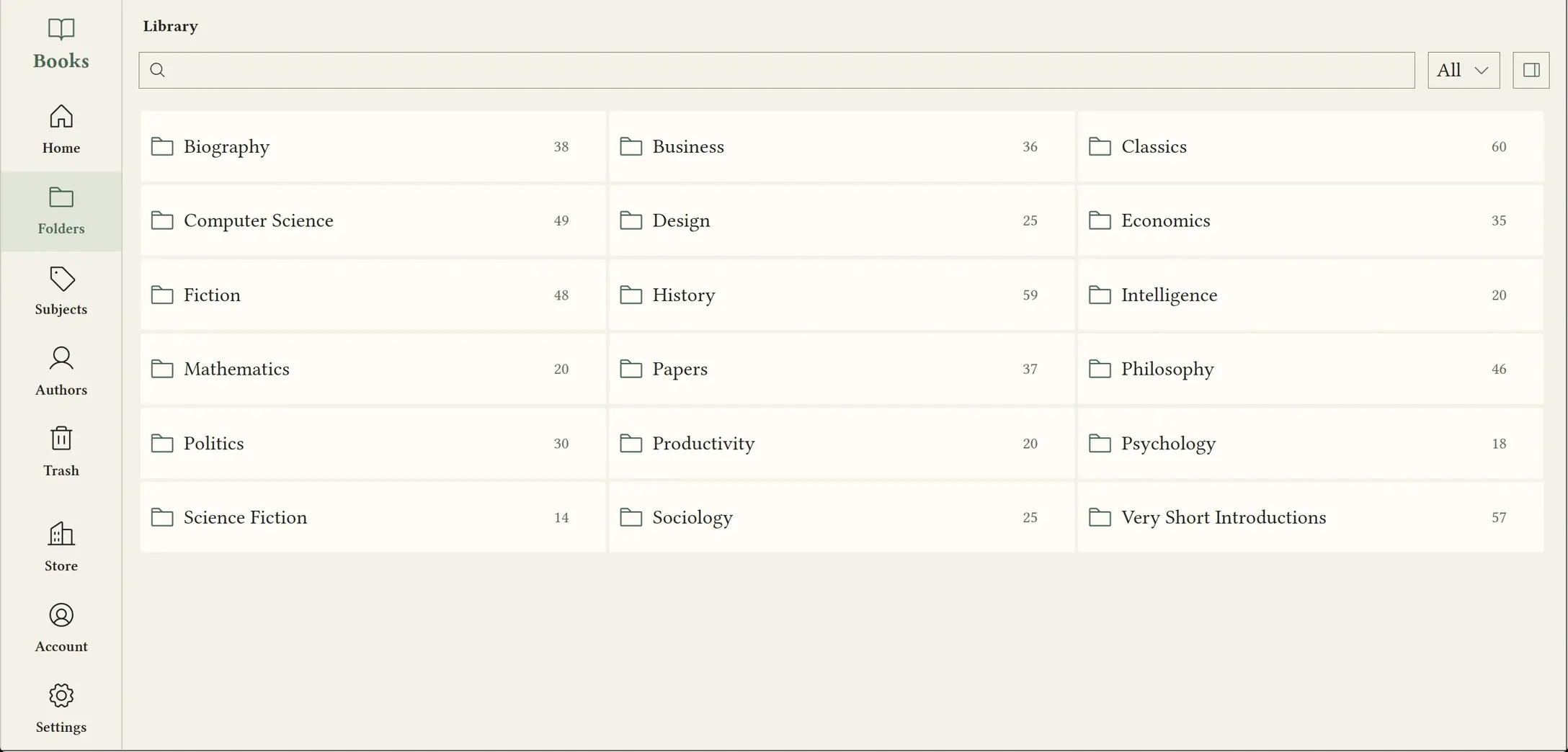 The Bokheim folders view, listing folders such as Classics, History and Philosophy with the number of books in each.