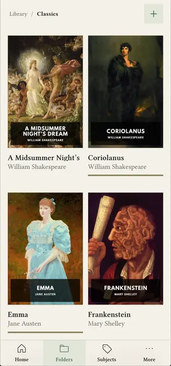 The Bokheim library on a phone, showing a folder of classics as a grid of book covers.