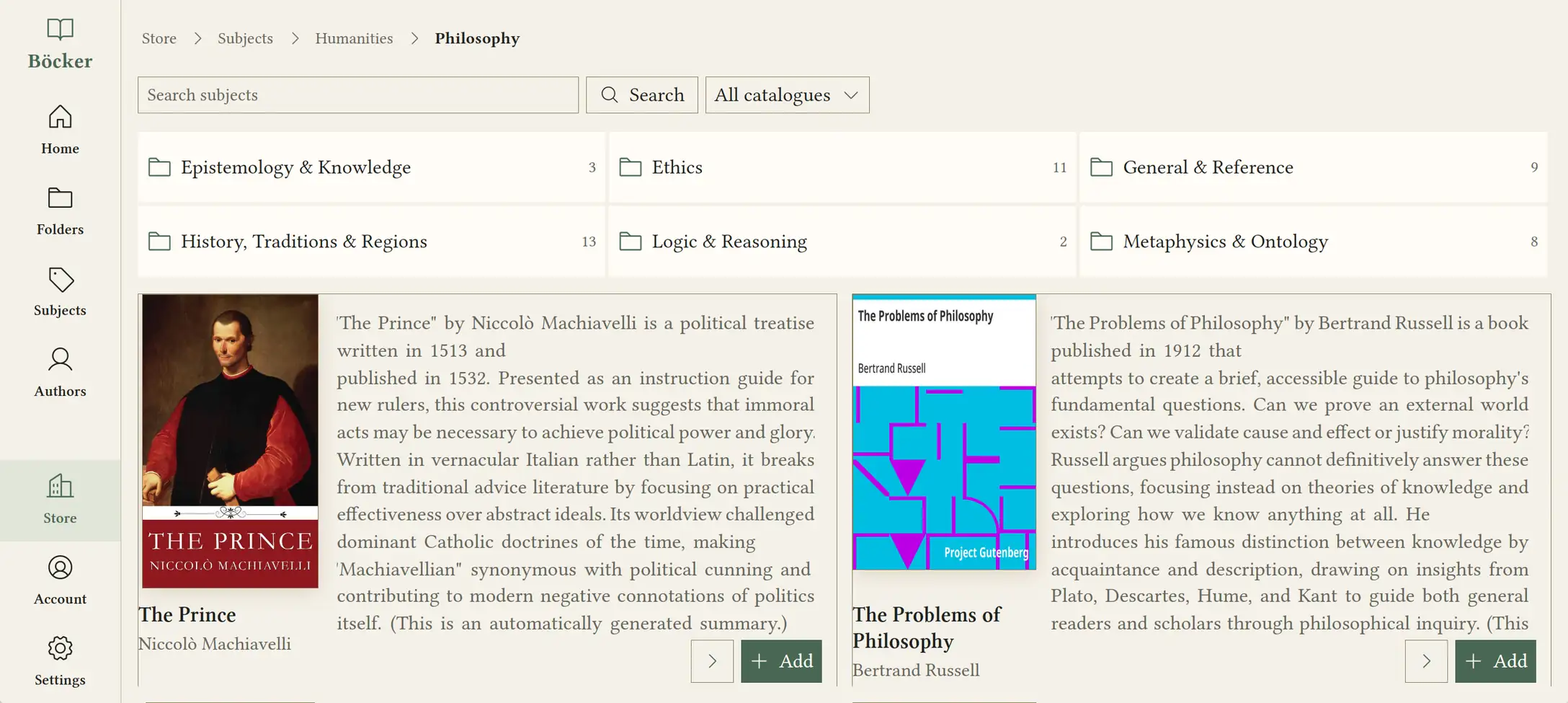 The Bokheim store, browsing the Philosophy subject, with sub-subjects such as Ethics and Metaphysics & Ontology above search results for The Prince and The Problems of Philosophy.
