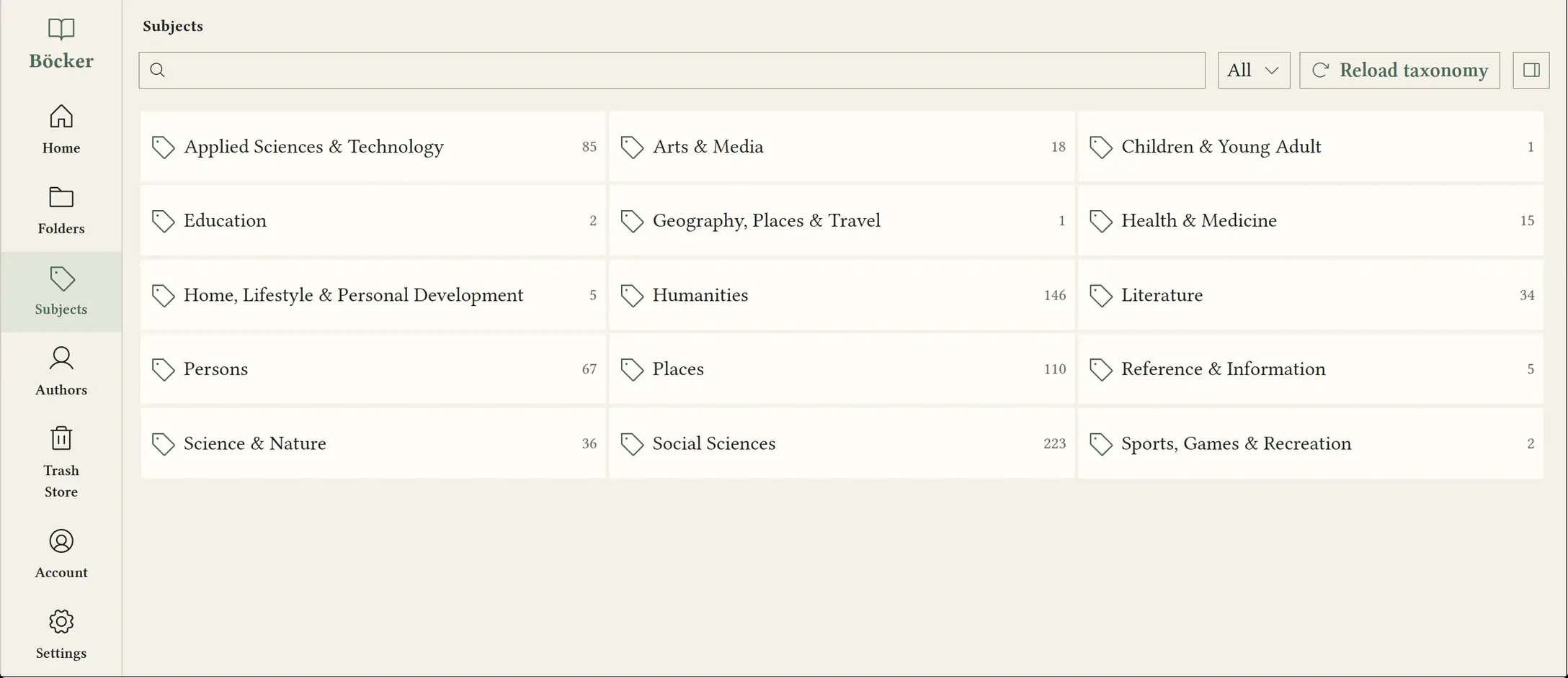 The Bokheim subjects view, listing categories such as Humanities, Literature and Social Sciences with the number of books in each.
